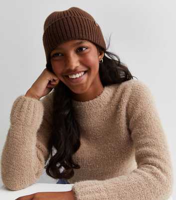 Girls Dark Brown Ribbed Knit Tab Front Beanie