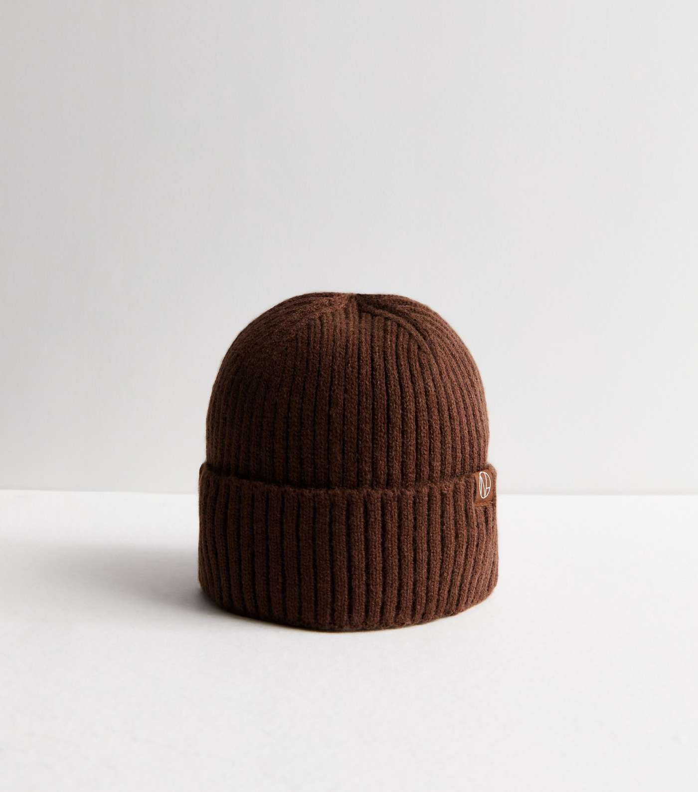 Girls Dark Brown Ribbed Knit Tab Front Beanie Image 2