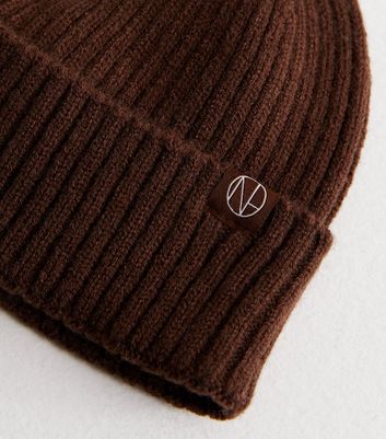 Girls Dark Brown Ribbed Knit Tab Front Beanie New Look