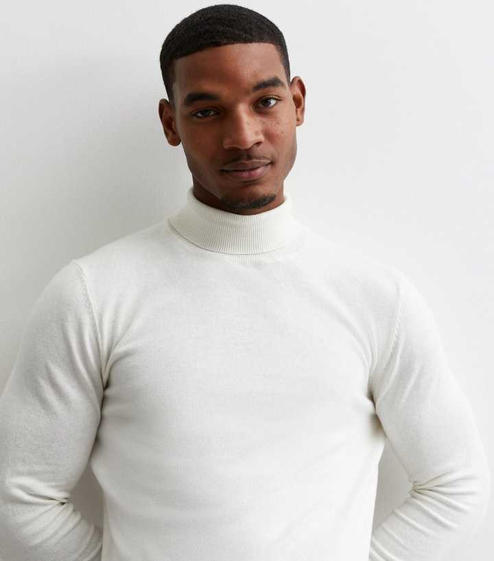 High Neck Jumper White Off White Fine Knit Roll Neck Slim Fit Jumper