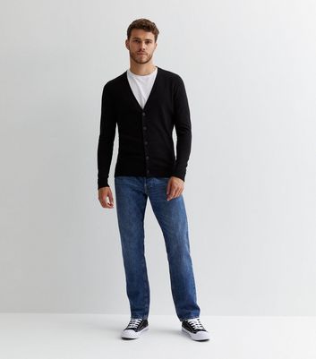 Men's Black Fine Knit Slim Fit Cardigan New Look