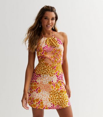 Orange Floral Halter Mini Dress New Look