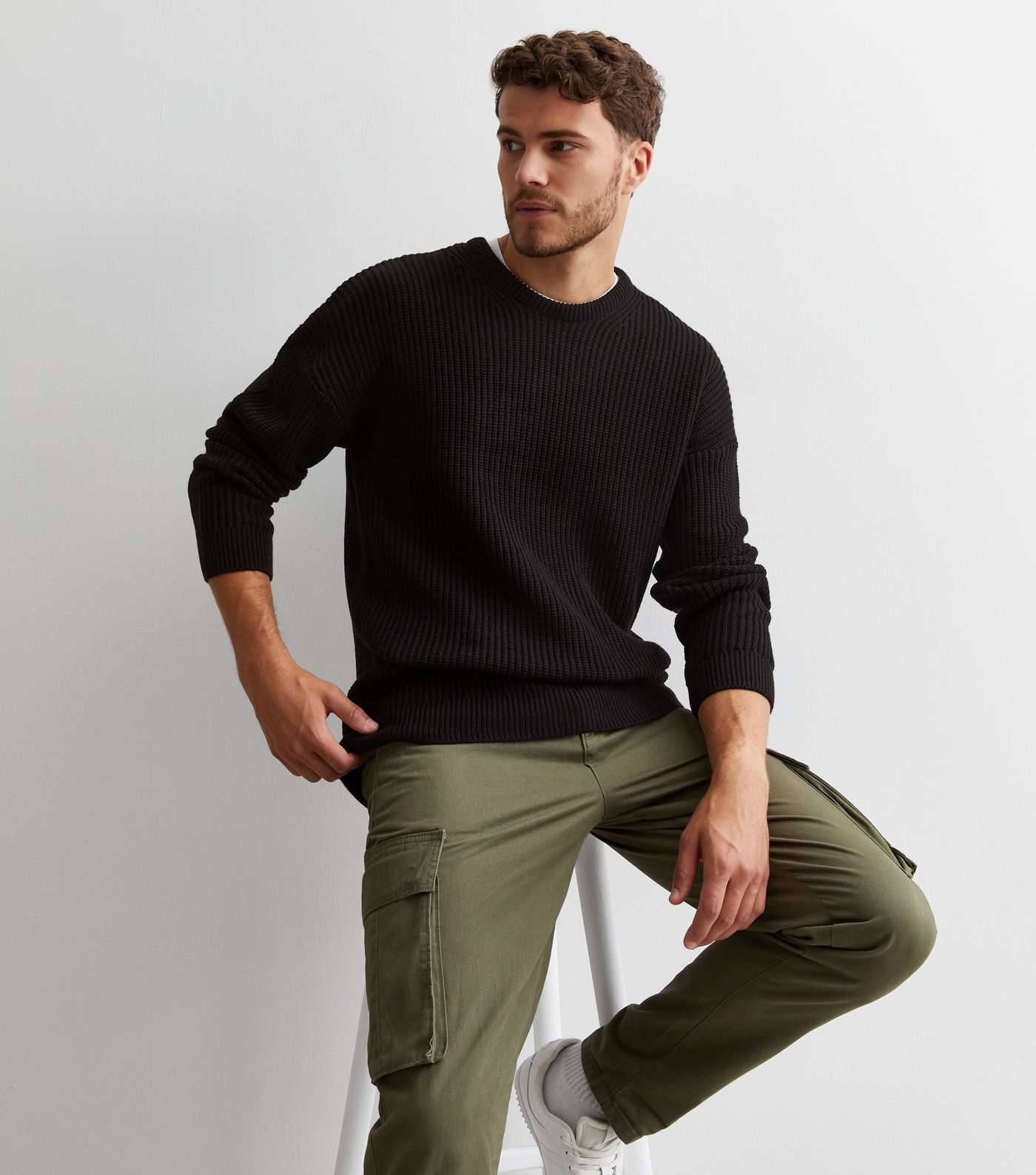 Black Fisherman Knit Crew Neck Relaxed Fit Jumper