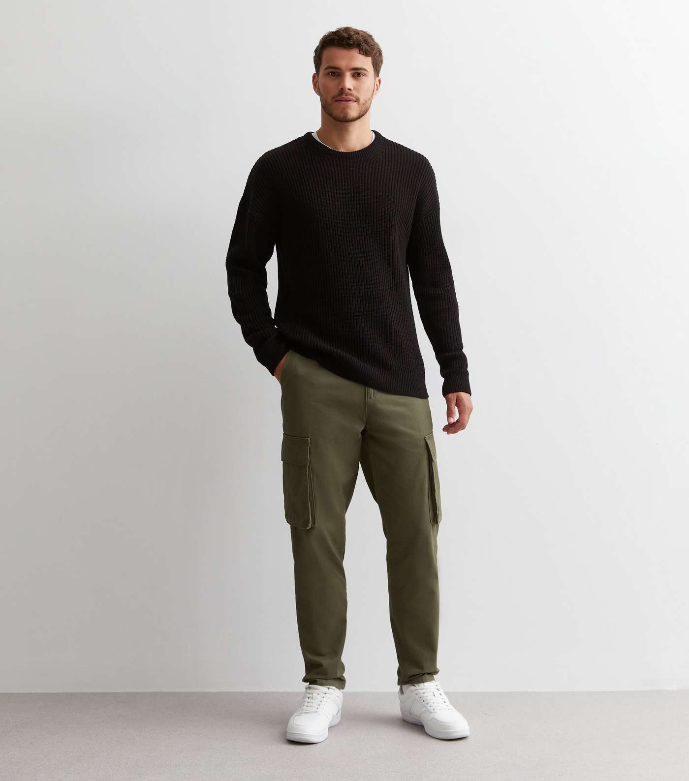 Black Fisherman Knit Crew Neck Relaxed Fit Jumper Image 3