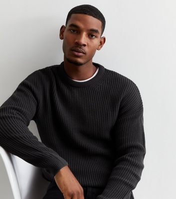 Men's Dark Grey Fisherman Knit Crew Neck Regular Fit Jumper New Look