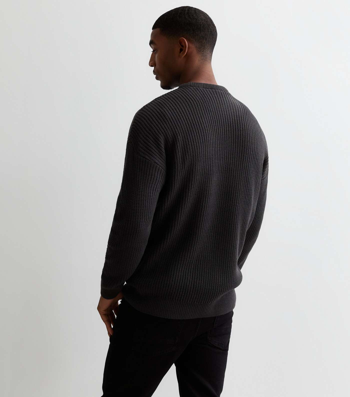 Dark Grey Fisherman Knit Crew Neck Relaxed Fit Jumper Image 4