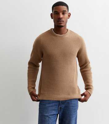 Camel Fisherman Knit Crew Neck Relaxed Fit Jumper