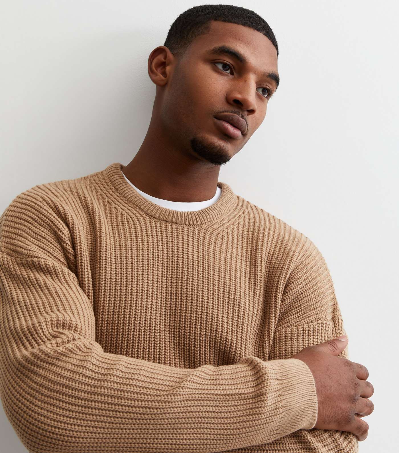 Camel Fisherman Knit Crew Neck Relaxed Fit Jumper Image 2