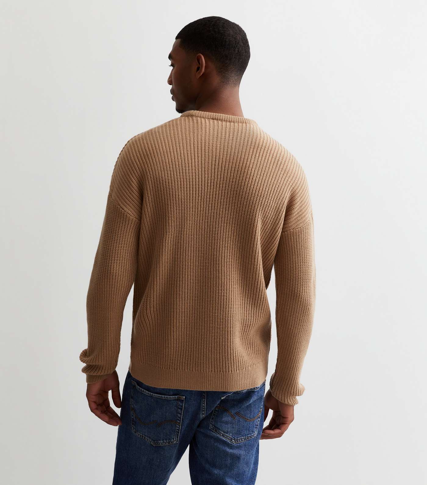 Camel Fisherman Knit Crew Neck Relaxed Fit Jumper Image 4