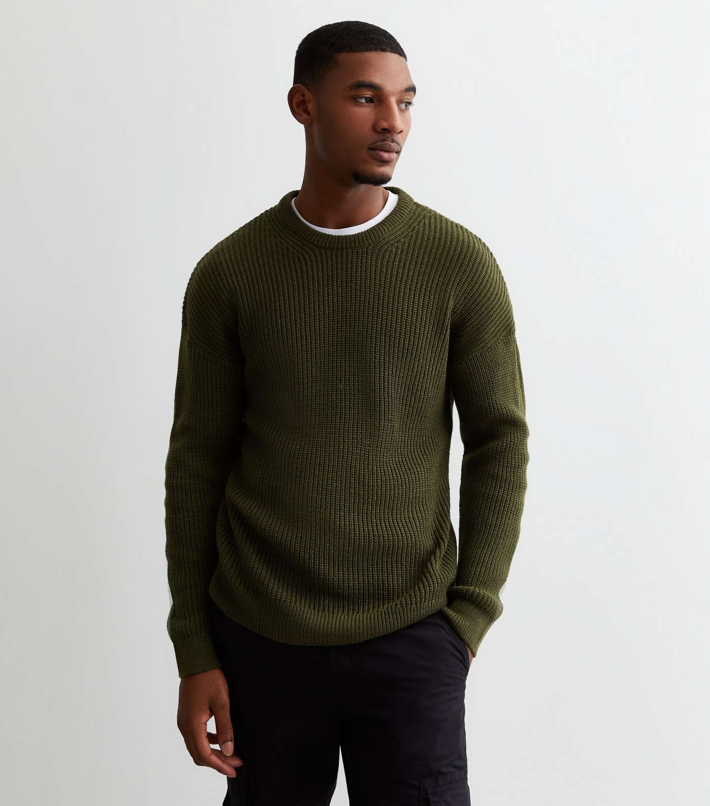 Khaki Fisherman Knit Crew Neck Relaxed Fit Jumper Image 2