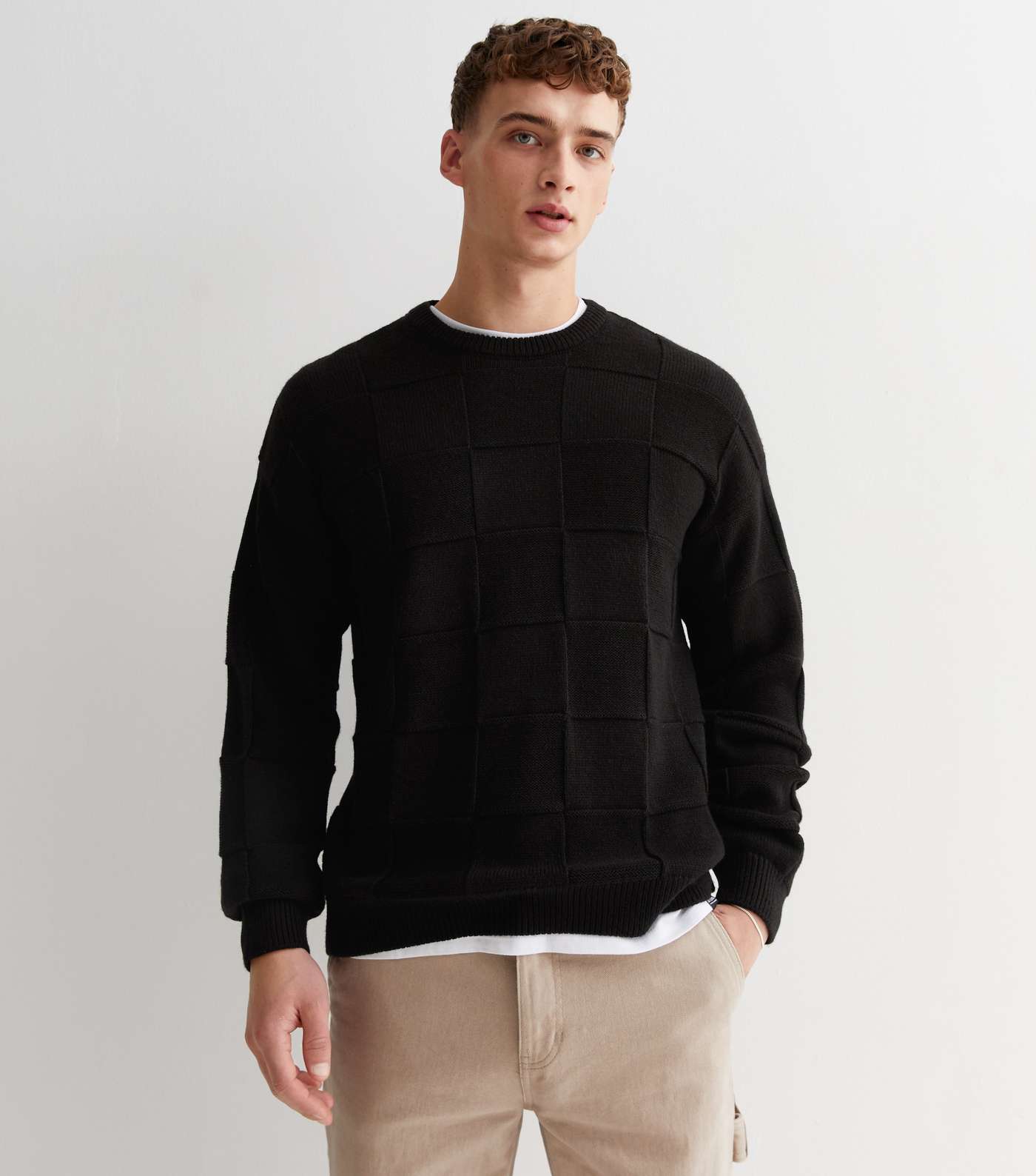 Black Check Stitch Knit Crew Neck Relaxed Fit Jumper Image 2
