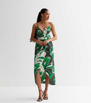 Black Tropical Satin Strappy Midi Wrap Dress