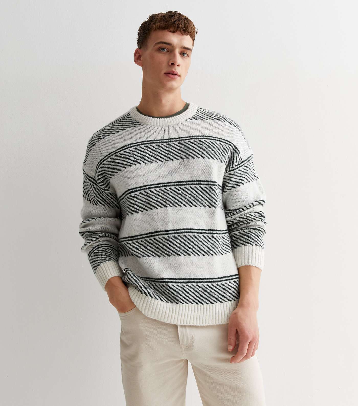 Off White Stripe Knit Crew Neck Relaxed Fit Jumper Image 2