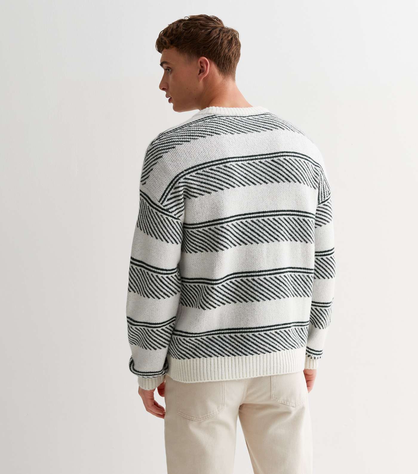 Off White Stripe Knit Crew Neck Relaxed Fit Jumper Image 4