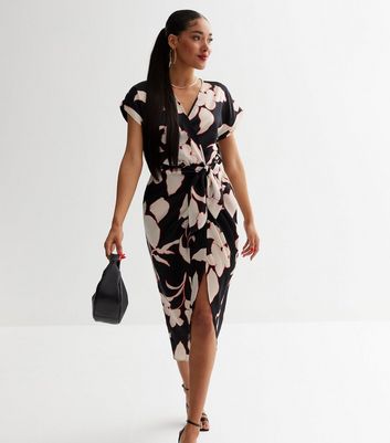 Black Floral Wrap Midi Dress New Look