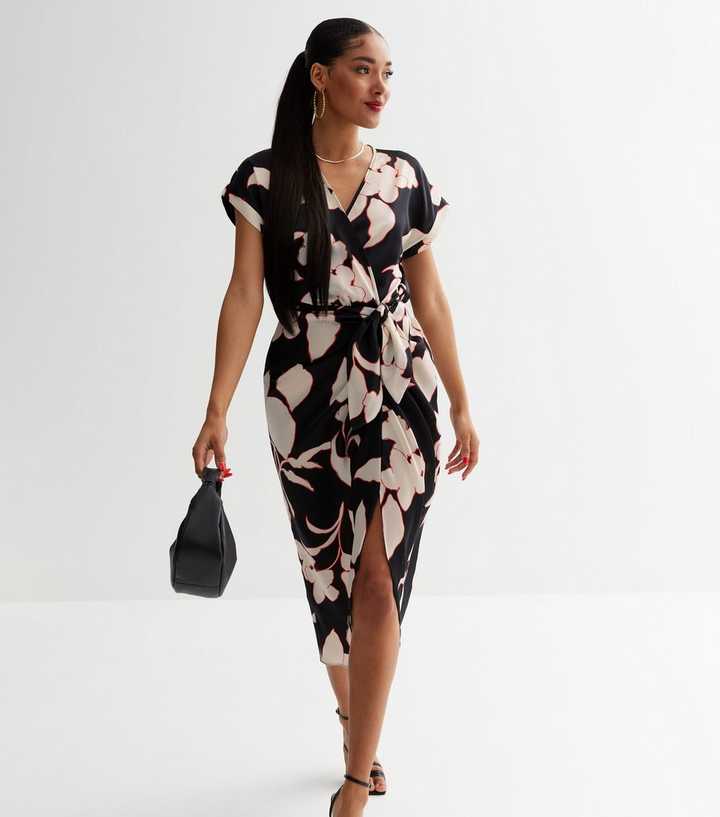 Black Floral Wrap Midi Dress