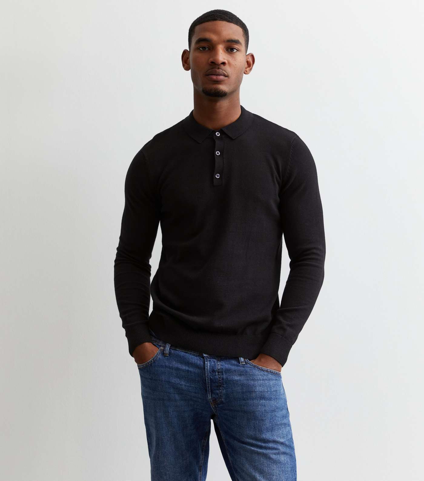 Slim Fit Fine-knit polo-neck jumper - Black - Men