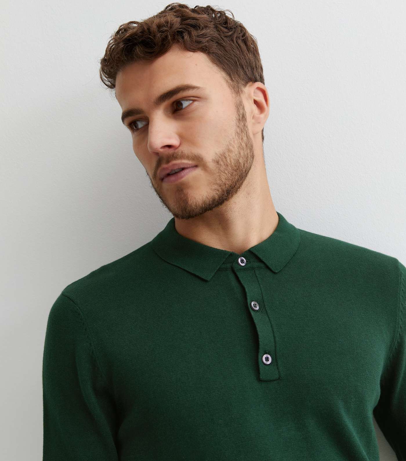 Green Fine Knit Long Sleeve Slim Fit Polo Jumper Image 2