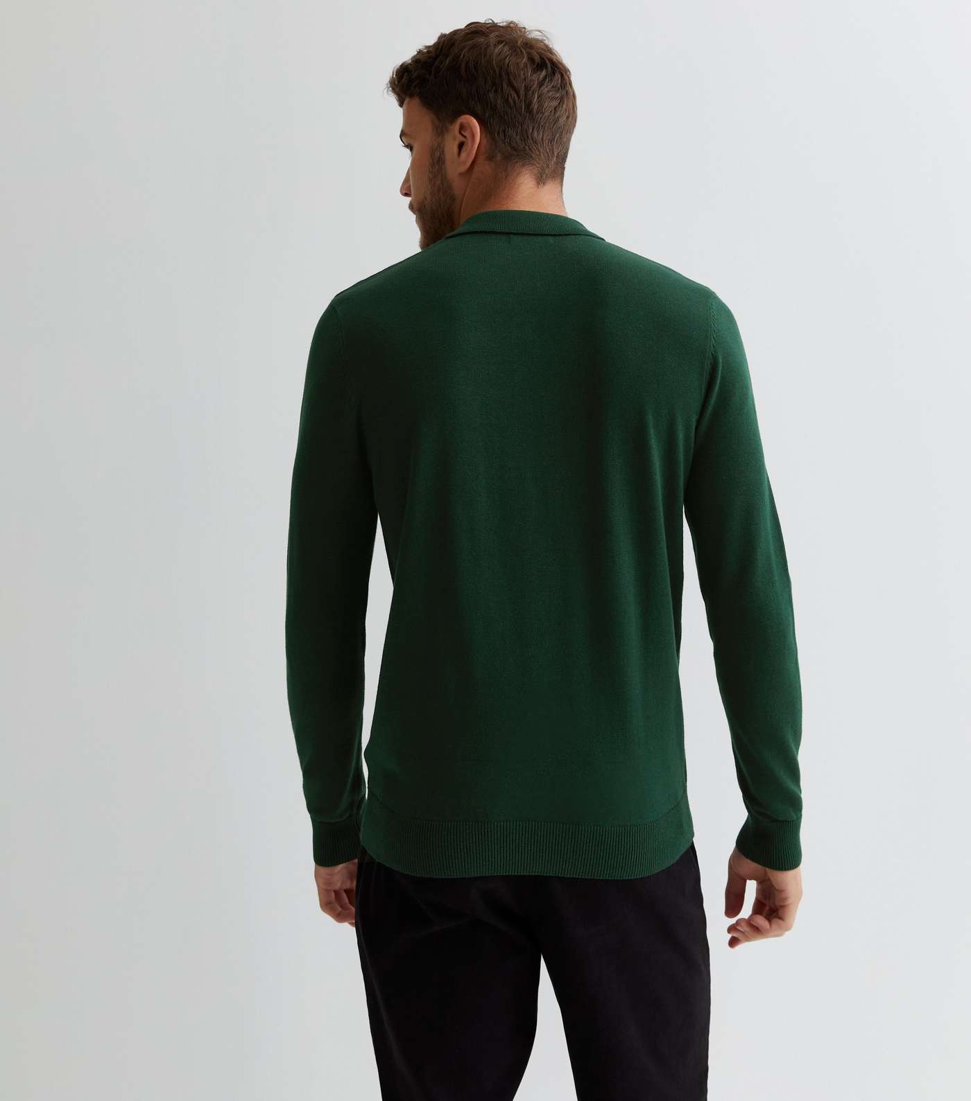 Green Fine Knit Long Sleeve Slim Fit Polo Jumper Image 4