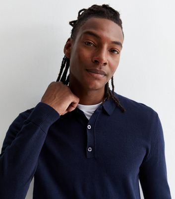 Navy Fine Knit Long Sleeve Slim Fit Polo Jumper New Look