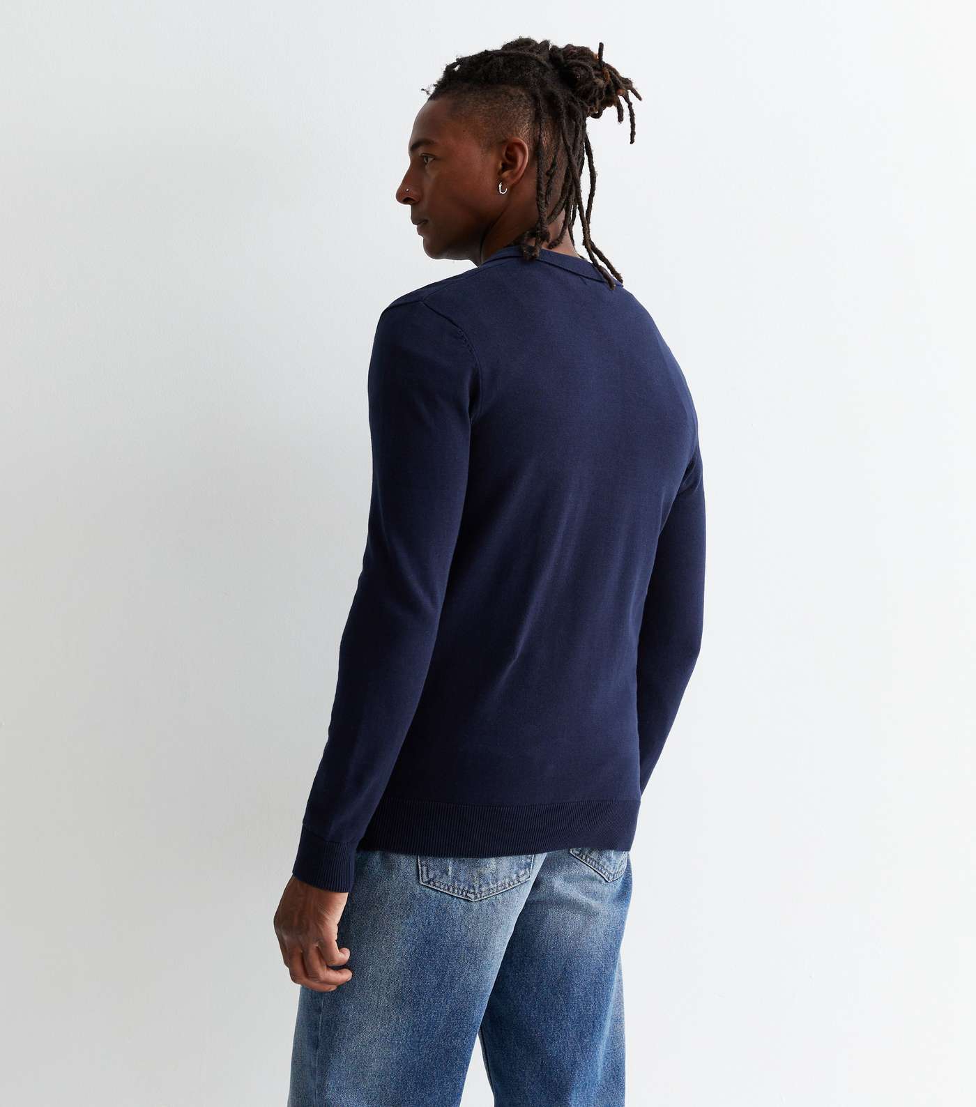 Navy Fine Knit Long Sleeve Slim Fit Polo Jumper Image 4