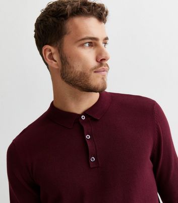 Burgundy Fine Knit Long Sleeve Slim Fit Polo Jumper New Look