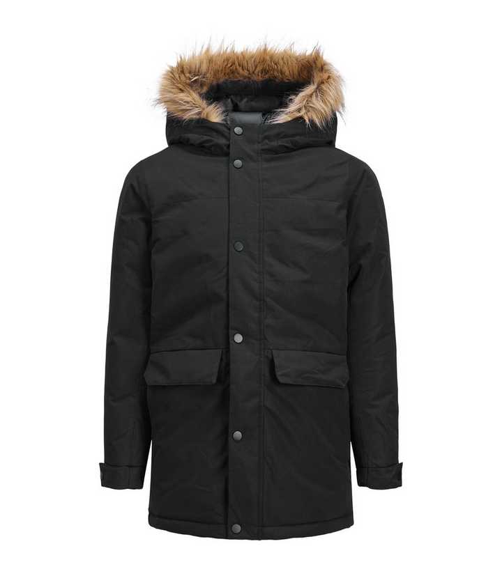 Jack Jones Junior Black Faux Fur Hooded Parka Jacket New Look
