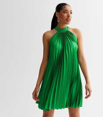 Green Satin Pleated Halter Swing Dress