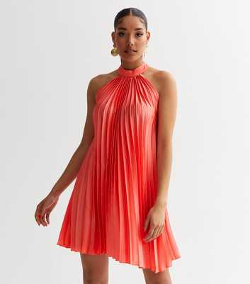 Coral Satin Pleated Halter Swing Dress