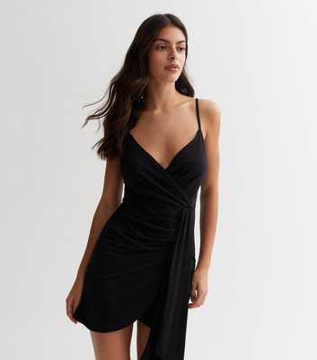 Black Jersey Strappy Wrap Mini Dress
