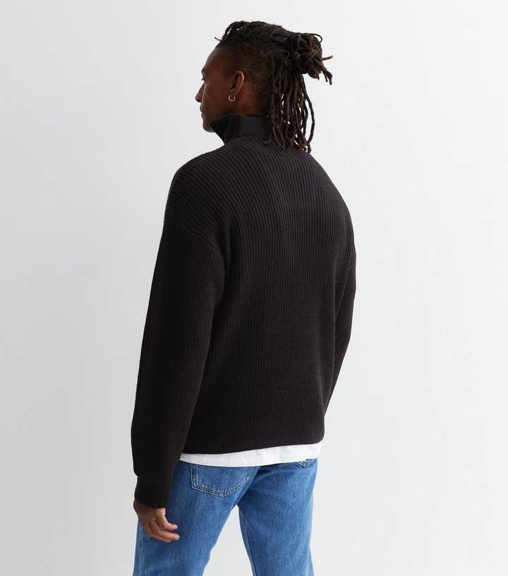 Black Fisherman Knit Zip Neck Relaxed Fit Jumper