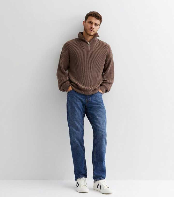 Light Brown Fisherman Knit Zip Neck Relaxed Fit Jumper