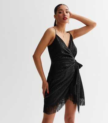 Black Satin Jacquard Fringe Mini Dress 