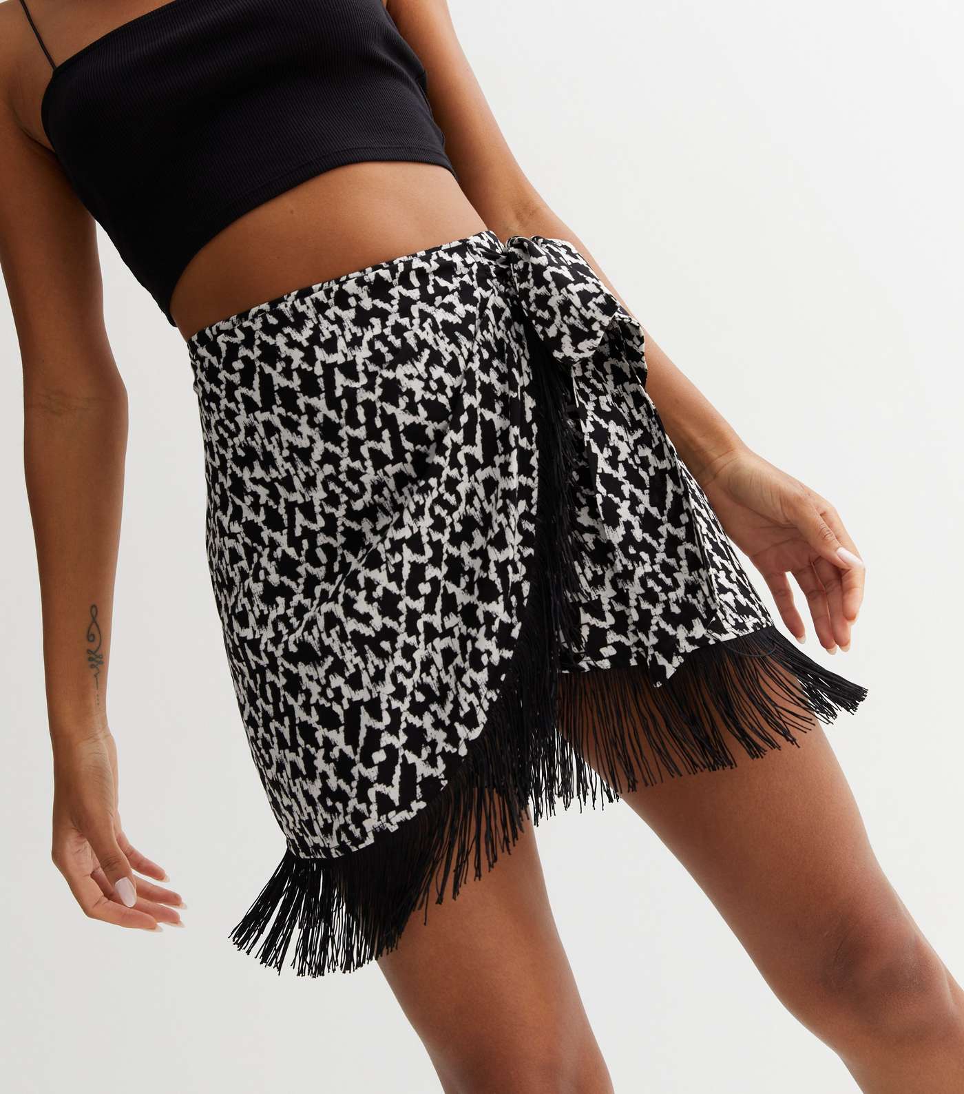 Black Abstract Fringe Wrap Mini Skirt Image 2