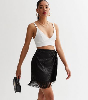 Black Satin Jacquard Fringe Trim Mini Skirt New Look