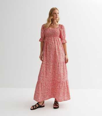 Maternity Red Floral Puff Sleeve Smock Maxi Dress