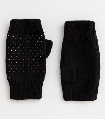 Black Embellished Knit Hand Warmers New Look