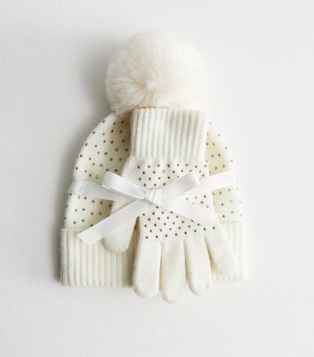 Girls white cheap hat and gloves