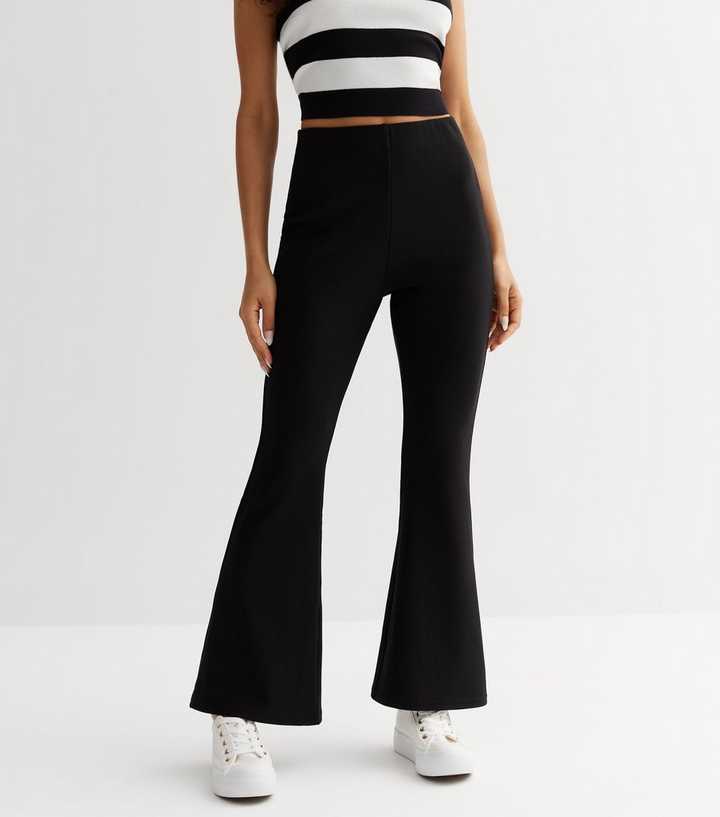 Petite Black Ribbed Flared Trousers