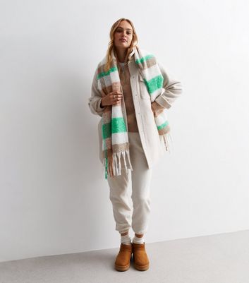 Green Check Brushed Tassel Scarf New Look