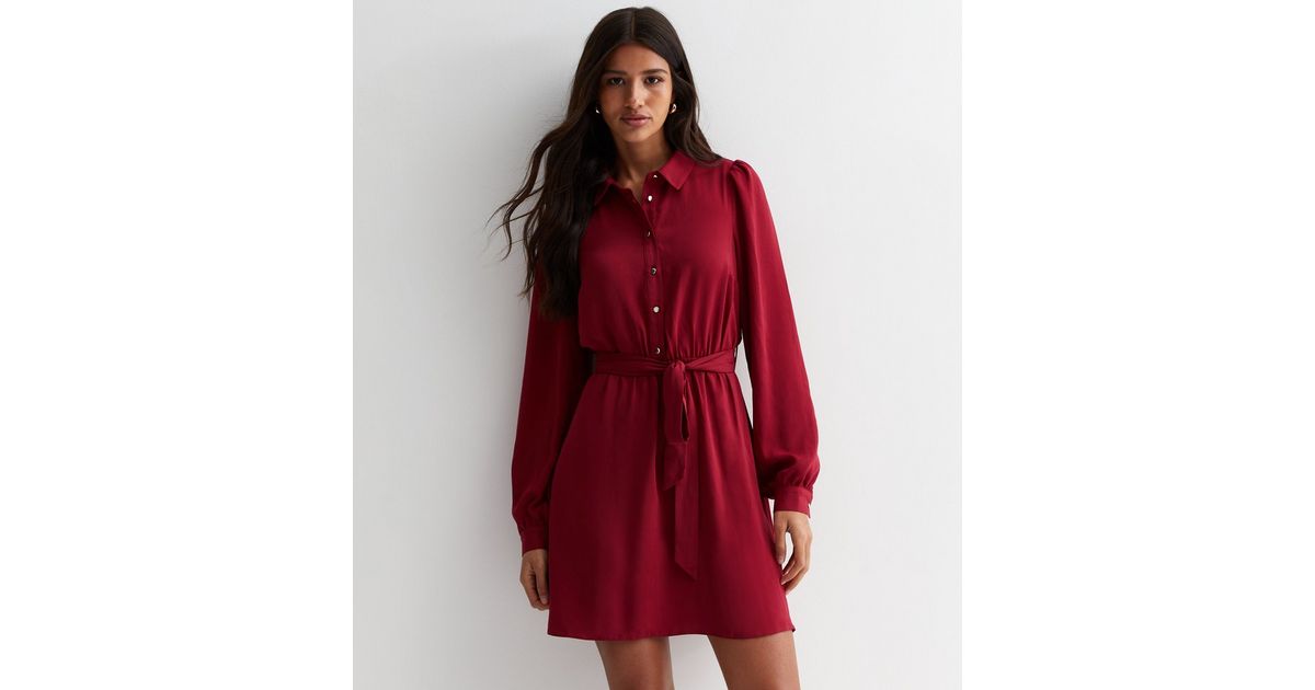 Tall Burgundy Tie Waist Mini Shirt Dress New Look