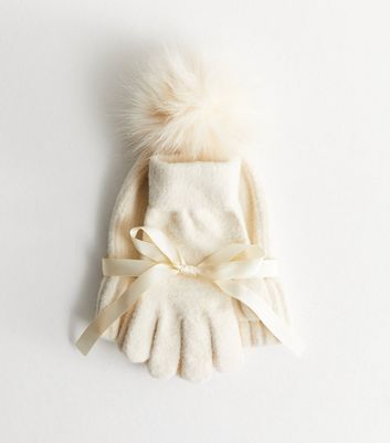 Cream Pom Pom Hat & Gloves Set New Look