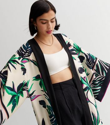 Off White Tropical Satin Maxi Kimono New Look