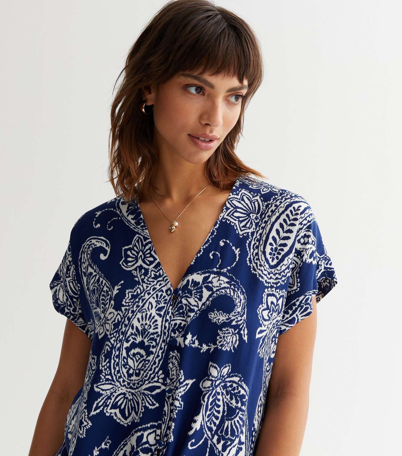 Blue Paisley Tie Front Short Sleeve Top Image 2