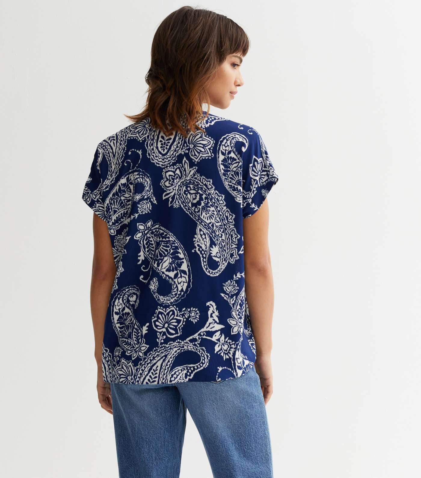 Blue Paisley Tie Front Short Sleeve Top Image 4