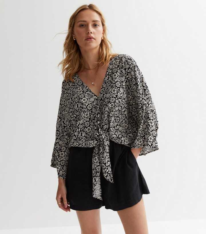 Black Floral Tie Front Top