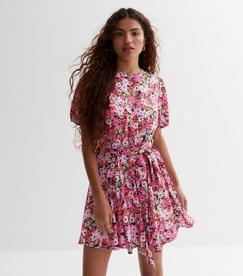 Petite Pink Floral Belted Waist Mini Dress New Look