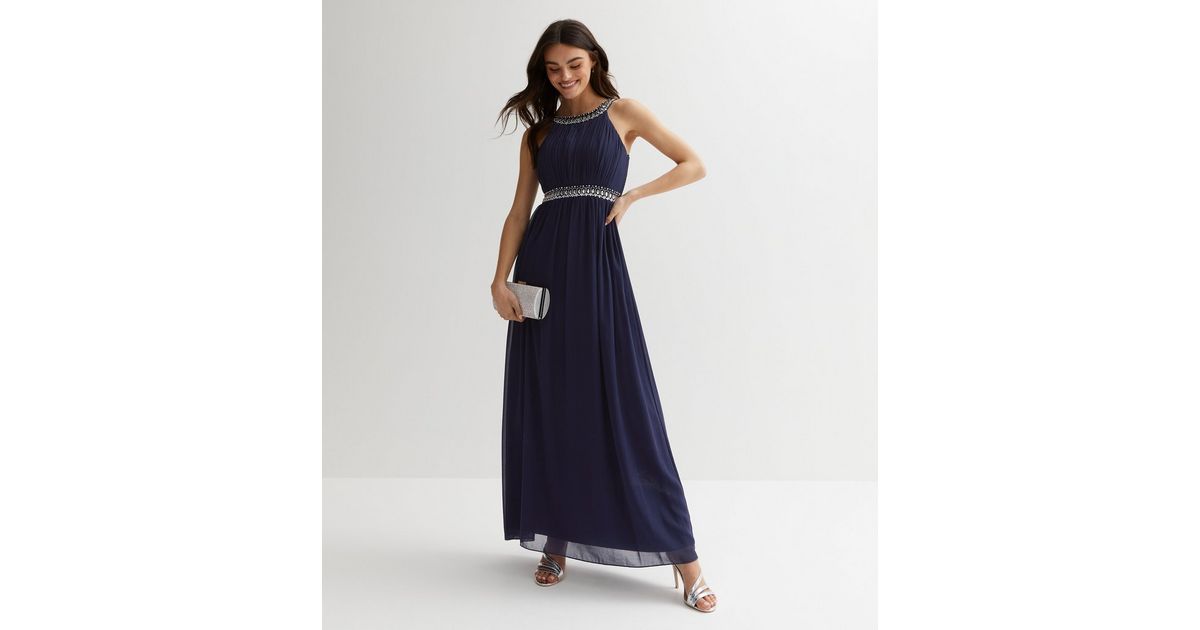 Blue Vanilla Navy Pleated Gem Beaded Maxi Dress New Look