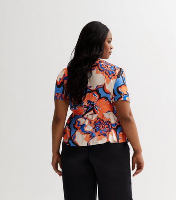 Curves Orange Floral Short Sleeve Wrap Top New Look