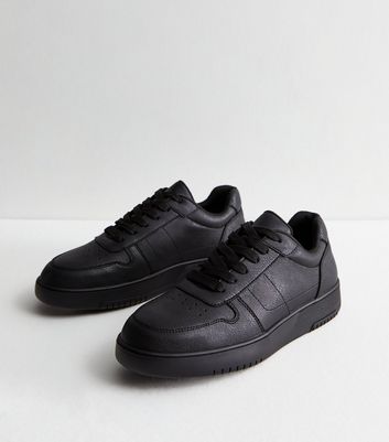 Black Leather Look Lace Up Trainers New Look